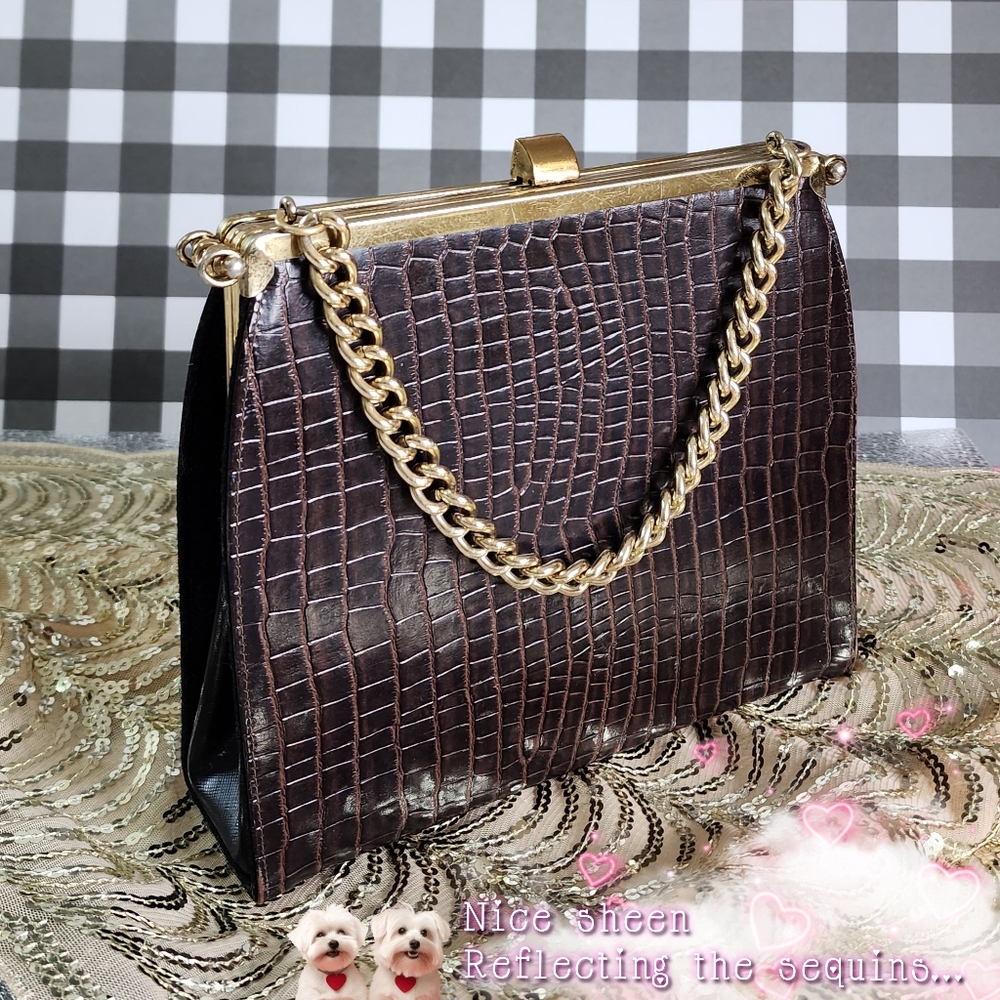 Vintage Alligator women 50s mob croc Handbag faux Leather Purse